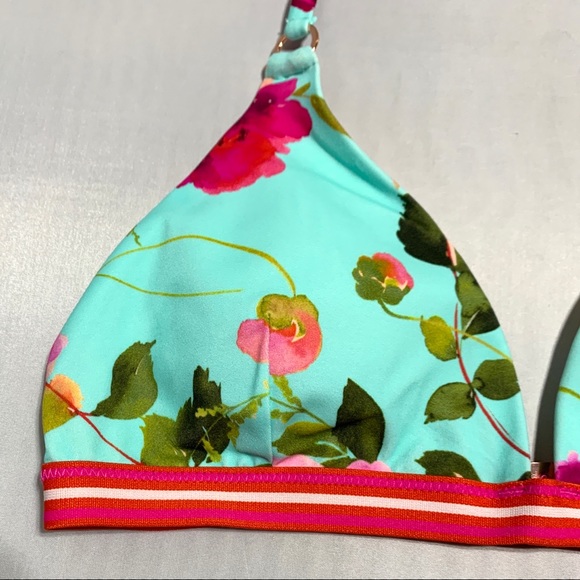 Nanette Lepore Blue Floral Triangle Bikini Top Francesca Tassels Rose Gold Sz6 - Picture 4 of 12